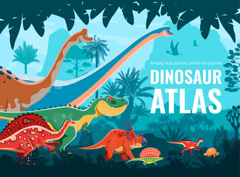 Prehistoric dinosaur character atlas book cover with jurassic era dino animals and jungle landscape vector background. Cartoon allosaurus, styracosaurus and edaphosaurus dinosaur characters