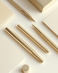 Elegant Golden Pens and Stationery Flat Lay on Cream Background.