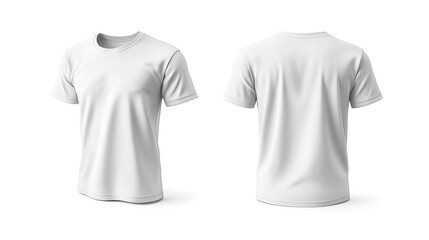 Fototapeta premium a plain white T-shirt from two perspectives: front and back. The T-shirt has short sleeves and a round neckline, the mockup for designs.