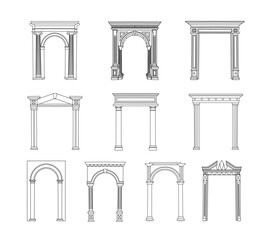 Set of Neoclassical Architecture Arch Line Art