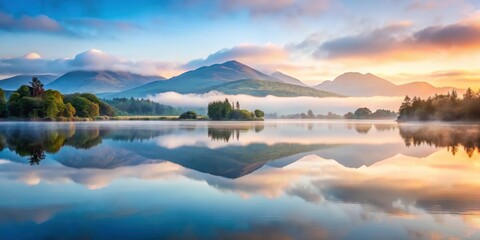 Misty Irish lake before sunrise with mountains reflected in calm water surface, sunrise, natural beauty,  sunrise