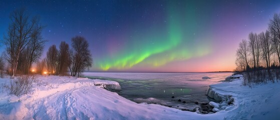 Spectacular Aurora Borealis over Frozen Lake Superior at Dusk, Michigan, USA.