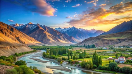 Fototapeta premium Serene Kargil Valley at Dawn , peaceful, kargil valley, peaceful, kargil valley, lake, serene, Ladakh, sunrise