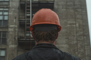 Obraz premium A man wearing a red hard hat is standing in front of a building