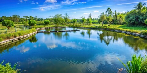 Fototapeta premium Farm Shrimp Pond Serenity, serene farm pond with clear blue water surrounded by lush greenery and bubbling aerators, tranquil aquatic life