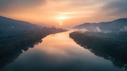 Fototapeta premium Industrial Sunrise Aerial View of River Reflecting Factory and Mountains at Dawn