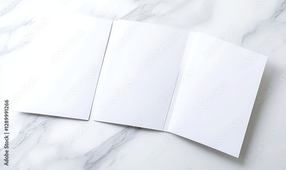 Aufkleber blank open notebook on a marble surface, ideal for notes or sketches.