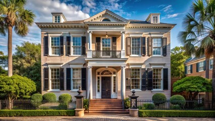 Custom colonial-style home in Charleston's historic district with a stately fa?ade and symmetrical design, charleston historic district, charleston historic homes