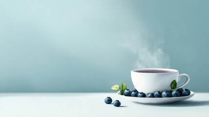 Obraz premium A white cup with steam coming out of it and blueberries on a plate