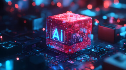 Red AI cube glowing on circuit board