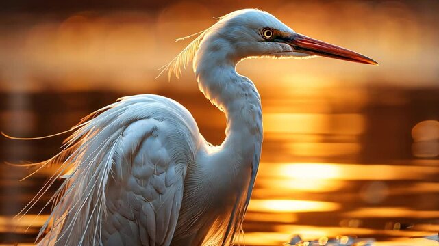 The elegant figure of egret in the sunset [4K]
