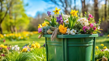 Fototapeta premium Green garden waste in bin with spring flowers around it, trash can, blooming flowers