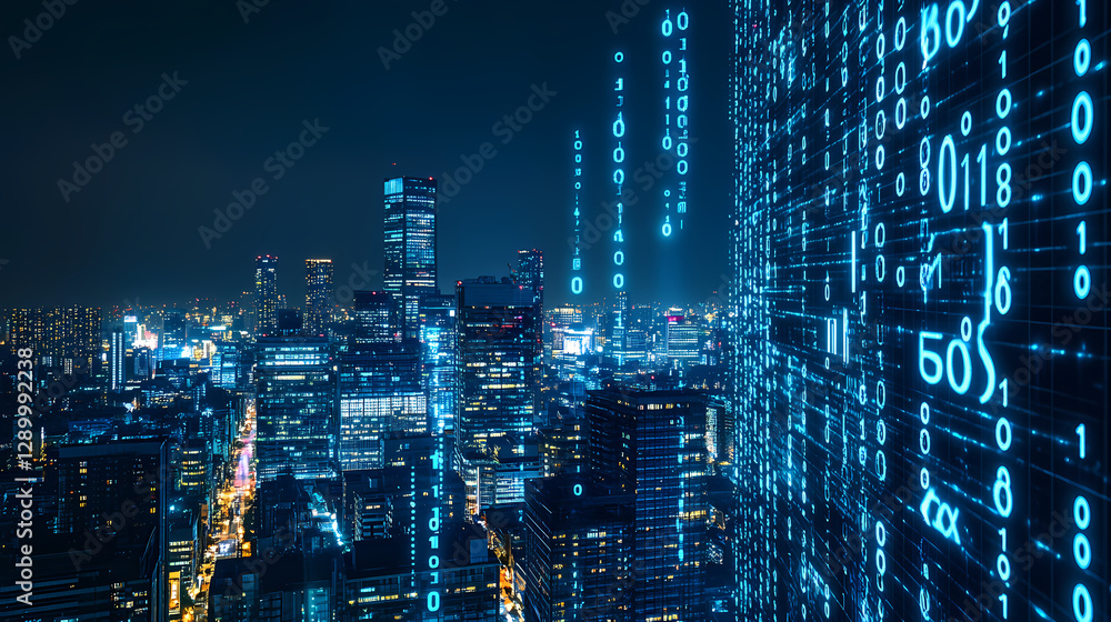 Poster city nightscape with binary data flow