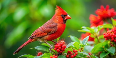 A beautiful red cardinal with green plumage perched on a vibrant red flower, surrounded by lush greenery and leaves , ornithology, nature photography