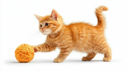 A playful orange kitten interacts with a ball of yarn, showcasing its curiosity and playful nature in a bright, cheerful setting.