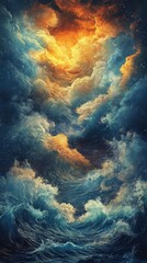 Abstract cosmic scene with swirling clouds and fiery hues in a turbulent cosmic setting