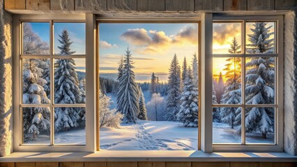 Fototapeta premium Winter Forest Landscape Through Cottage Window, frosty morning, peaceful atmosphere