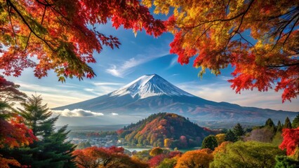 Majestic Mt Fuji surrounded by vibrant autumn colors and lush greenery in Japan's scenic landscape , japan landscape, mt fuji