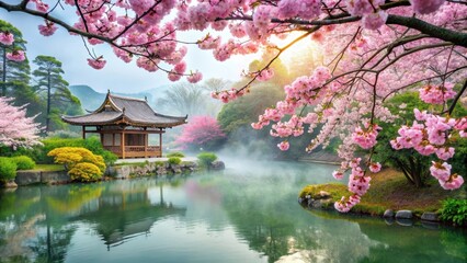 Cherry blossoms in full bloom against a serene Asian-style garden background with lush greenery and gentle mist, spring flowers, nature