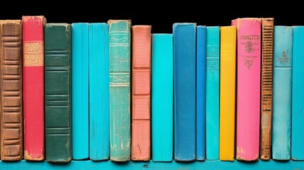 A colorful collection of vintage books lined up on a shelf, showcasing various colors.