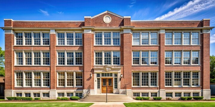 Exterior of a classic American school building with a brick facade and large windows , schoolhouse, school exterior