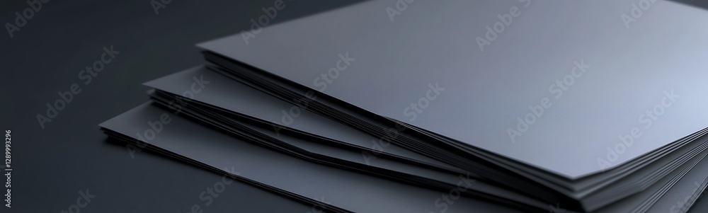 Poster three stacks of grey paper arranged on a dark surface, creating a minimalist aesthetic.