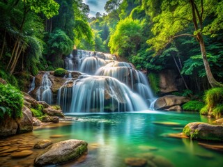 Obraz premium South Thailand's breathtaking waterfall cascades over rocks, a stunning high-resolution image capturing natural beauty.