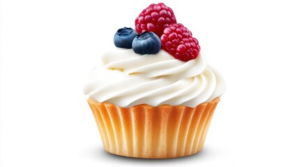 Indulge in the Sweetest Delight A Captivating Close-Up of a Scrumptious Cupcake Topped with Fluffy White Frosting, Fresh Blueberries, and Vibrant Raspberries, Perfect for Dessert Lovers and Baking
