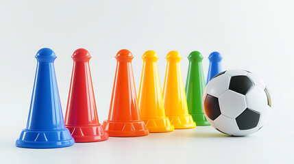 Colorful soccer training cones lined up with black and white soccer ball