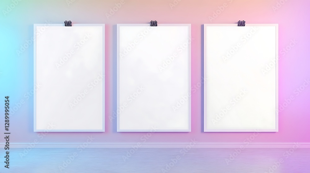 Aufkleber three blank frames on a colorful wall, ready for artwork or information display.
