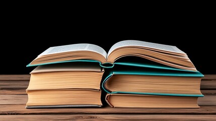 An open book resting on a stack of books against a dark background, inviting discovery.