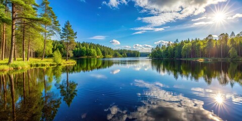 Fototapeta premium Sunny lake landscape in Finland summer woods, forest, finland, forest, finland, sunlight, serene