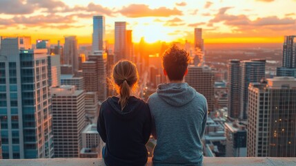 Couple watching sunset over city skyline