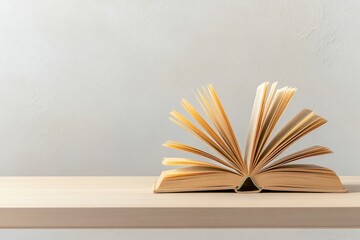 An open book with pages fanned out on a wooden shelf against a light wall background.