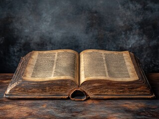 Obraz premium An open vintage book with yellowed pages on a rustic wooden surface.