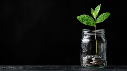 Plant growing from coins in glass jar