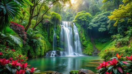 Naklejka premium Waterfall in serene forest surroundings with lush greenery and vibrant foliage, surrounded by towering trees and exotic flowers , water features, forest scenery