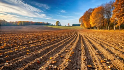 Landscape of a plowed field in autumn with rows of overturned soil and fallen leaves scattered on the ground, plowed field, leaf litter