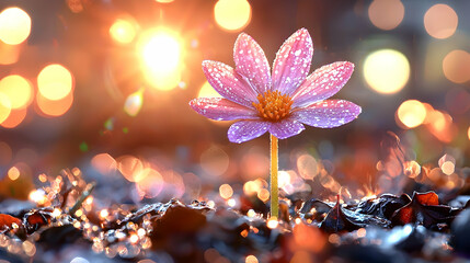 Dew-kissed flower sunrise bokeh background; nature, hope