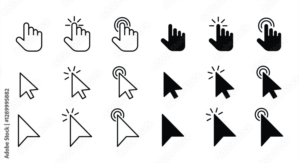 Poster collection of cursor and hand click icon. pointing and clicking icon. vector illustration