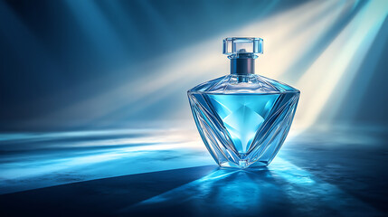Futuristic perfume bottle with blue liquid, elegant design, glowing light