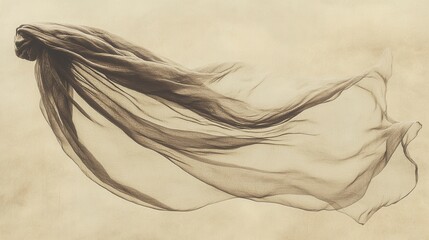 Flowing Brown Sheer Fabric on Beige Background, Abstract Textile Design.