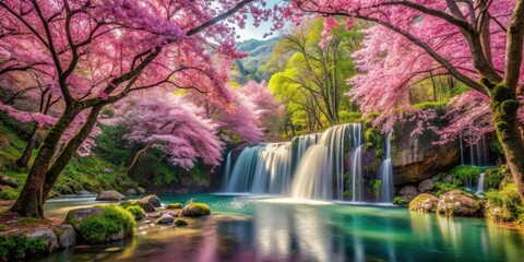 Dense cherry blossom trees stand tall amidst a serene waterfall cascading into a tranquil forest pool, surrounded by lush greenery and vibrant foliage, serene atmosphere, tree scenery