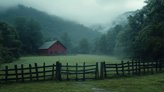 Misty Mountain Barn in a Foggy Valley