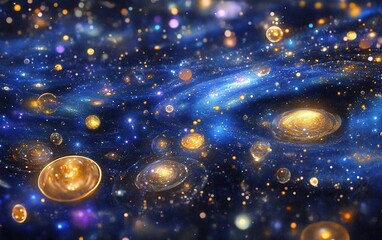 Obraz premium Abstract Cosmic Landscape with Golden Galaxies and Nebula, Dreamy Space Background
