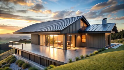 Modern house with sleek metal roof on a hilltop overlooking a serene landscape