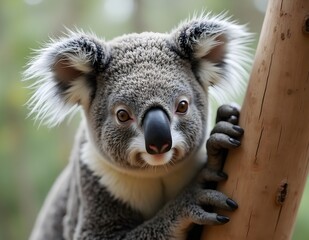 Naklejka premium Koala with black round nose and big ears, natural charm of exotic animals calm with tight hug on tree trunk gives the impression of tranquility in the beauty of nature