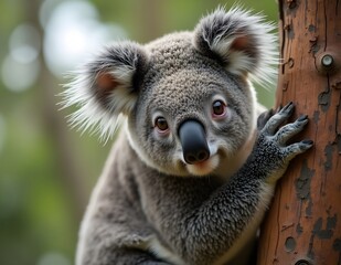 Naklejka premium Koala with black round nose and big ears, natural charm of exotic animals calm with tight hug on tree trunk gives the impression of tranquility in the beauty of nature