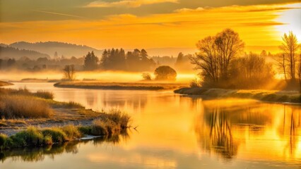 Obraz premium Golden hues of sunrise illuminate the misty waters of Snohomish River Delta in Everett, Washington, as morning light dances across the tranquil landscape , dawn light, water scenery