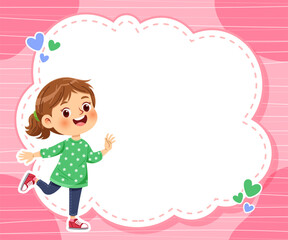Cute little girl waving cheerfully on the side of white frame with pink background
